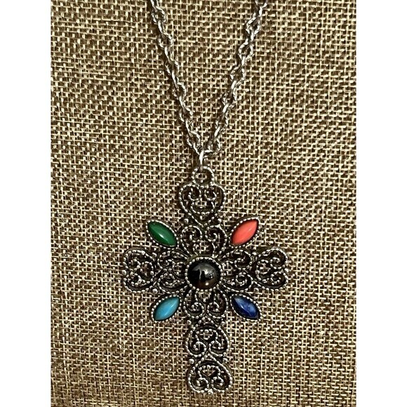 Vintage AVON Necklace Silver Tone Filigree Cross Pendant Colorful Beads - Picture 2 of 5